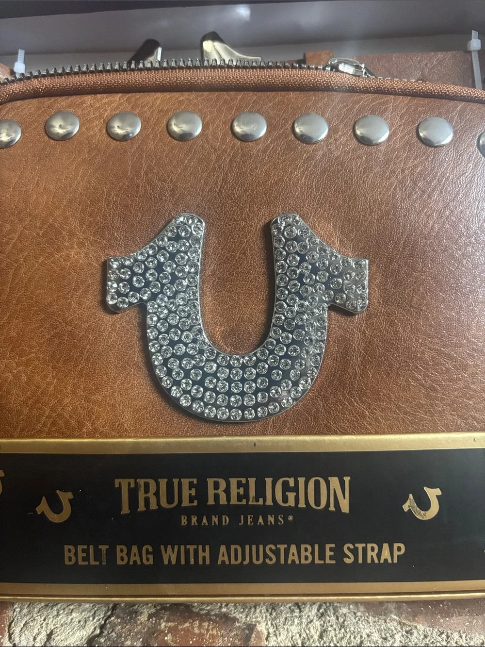True Religion Brown Studded Rhinestone Logo Belt Bag - Picture 3 of 4